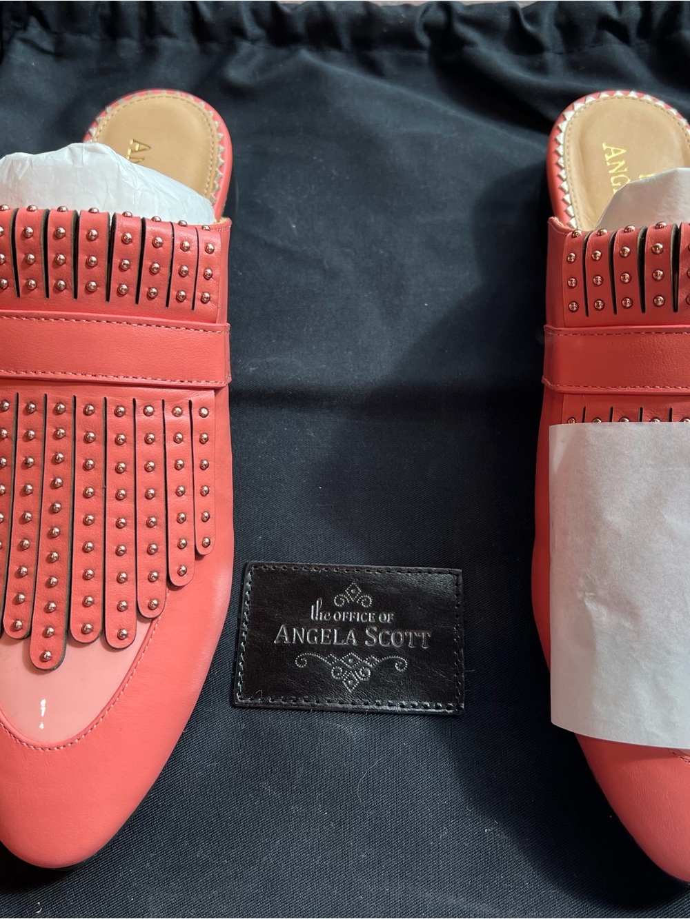 Angela Scott Coral Studded Fringe Mule